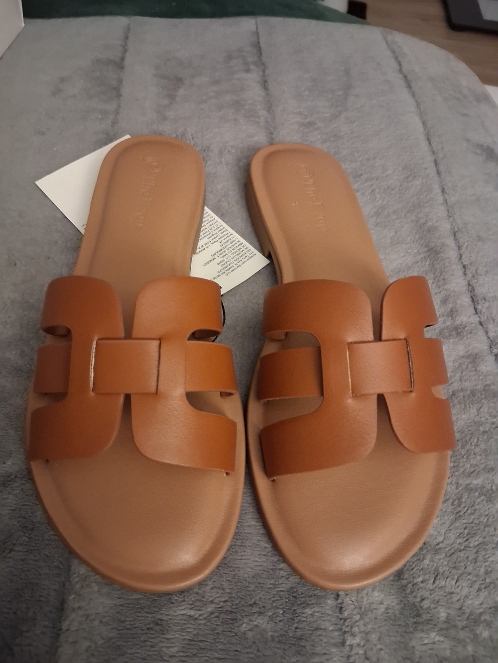Monika Mocha Women’s Cognac Slide Sandals with Cutout Strap US SIZE 5.5